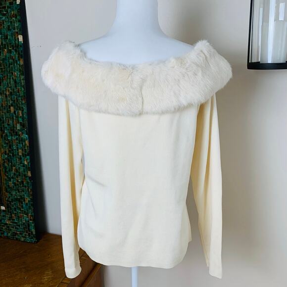 Vintage Size XL Off Shoulder Knit Sweater Rabbit Faux Fur Ivory Off White Cream - Picture 6 of 7